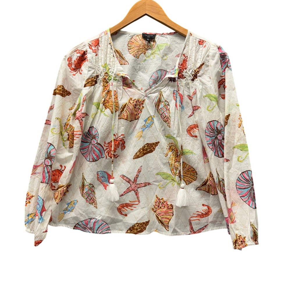 Talbots Blouse Womens Petite Large LP Coastal Shell‎ Print White Nautical Beach